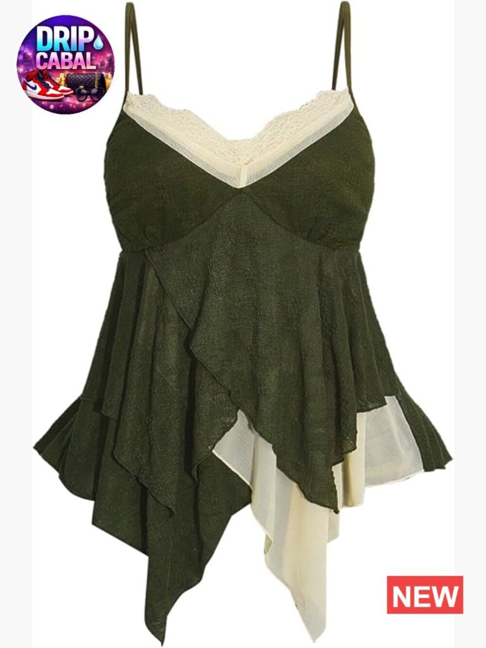 Lace Trim Cami Top Y2k V Neck Spaghetti Strap Layered Asymmetrical Hem Flowy